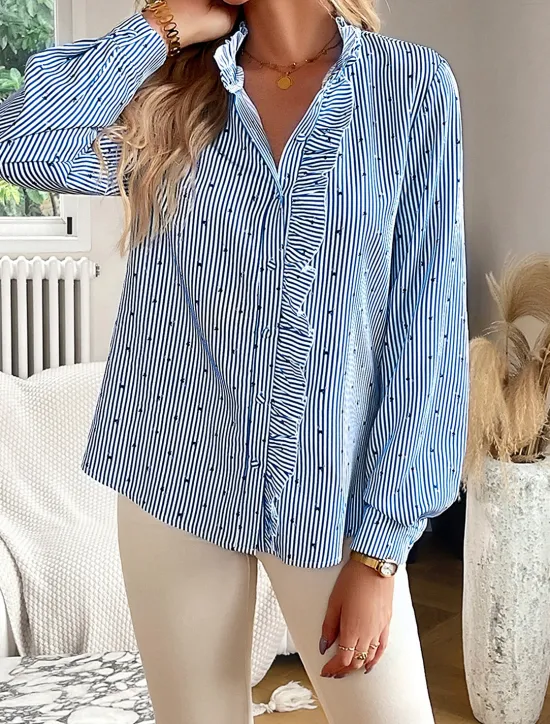 Online Women's Blouse Designer Shirt Neutral Streetwear Romantic Striped Ruffle Buttons Long Sleeve Regular Tops Shirt Collar Work Going out Black White Red Blue Spring Fall & Winter Women Blouses & Shirts