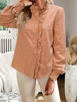 Online Women's Blouse Designer Shirt Neutral Streetwear Romantic Striped Ruffle Buttons Long Sleeve Regular Tops Shirt Collar Work Going out Black White Red Blue Spring Fall & Winter Women Blouses & Shirts