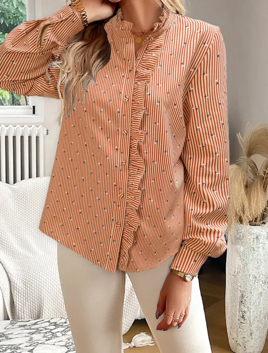Online Women's Blouse Designer Shirt Neutral Streetwear Romantic Striped Ruffle Buttons Long Sleeve Regular Tops Shirt Collar Work Going out Black White Red Blue Spring Fall & Winter Women Blouses & Shirts