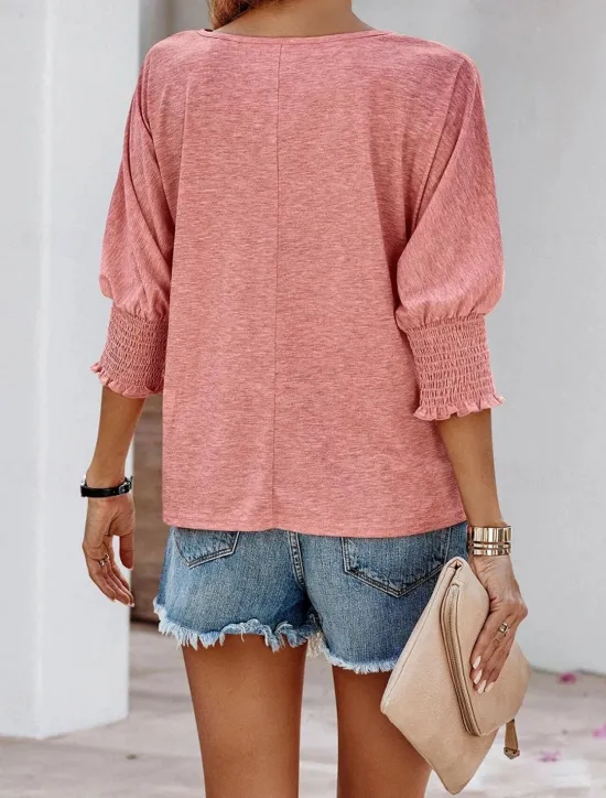 New Women's Blouse Dressy Tops Daily Stylish Casual Ruched Patchwork 3/4 Length Sleeve Regular Tops Crew Neck Vacation Party Daily Black Pink Wine Khaki Beige All Seasons Women T-Shirts
