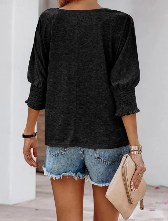 New Women's Blouse Dressy Tops Daily Stylish Casual Ruched Patchwork 3/4 Length Sleeve Regular Tops Crew Neck Vacation Party Daily Black Pink Wine Khaki Beige All Seasons Women T-Shirts