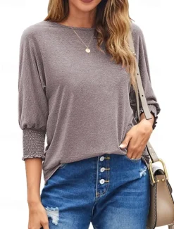New Women's Blouse Dressy Tops Daily Stylish Casual Ruched Patchwork 3/4 Length Sleeve Regular Tops Crew Neck Vacation Party Daily Black Pink Wine Khaki Beige All Seasons Women T-Shirts