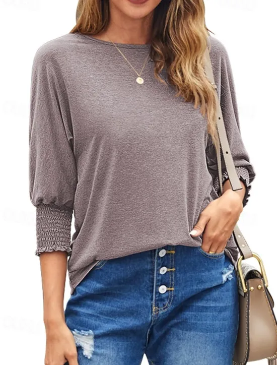 New Women's Blouse Dressy Tops Daily Stylish Casual Ruched Patchwork 3/4 Length Sleeve Regular Tops Crew Neck Vacation Party Daily Black Pink Wine Khaki Beige All Seasons Women T-Shirts