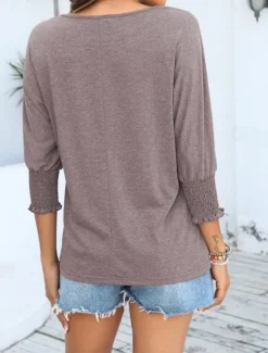 New Women's Blouse Dressy Tops Daily Stylish Casual Ruched Patchwork 3/4 Length Sleeve Regular Tops Crew Neck Vacation Party Daily Black Pink Wine Khaki Beige All Seasons Women T-Shirts