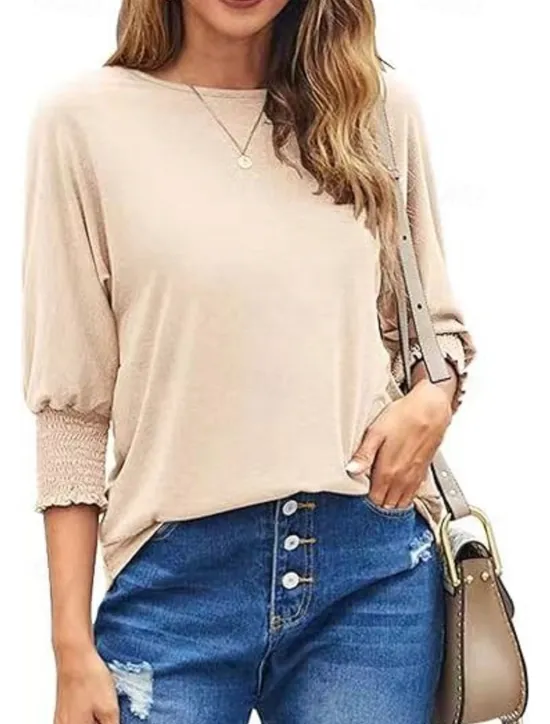 New Women's Blouse Dressy Tops Daily Stylish Casual Ruched Patchwork 3/4 Length Sleeve Regular Tops Crew Neck Vacation Party Daily Black Pink Wine Khaki Beige All Seasons Women T-Shirts