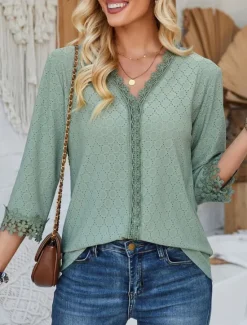 New Women's Blouse Dressy Tops Daily 3/4 Length Sleeve V Neck Lace Sage Green Black Pink Beige Spring & Summer Women Lace Tops