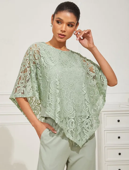 Outlet Women's Blouse Dressy Tops Plain Elegant Half Sleeve Crew Neck Regular Tops Wedding Guest Daily Lace Patchwork Layered Summer Spring Women Chiffon Dresses