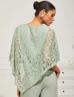 Outlet Women's Blouse Dressy Tops Plain Elegant Half Sleeve Crew Neck Regular Tops Wedding Guest Daily Lace Patchwork Layered Summer Spring Women Chiffon Dresses