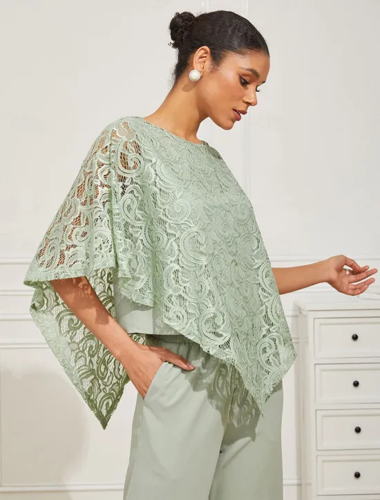 Outlet Women's Blouse Dressy Tops Plain Elegant Half Sleeve Crew Neck Regular Tops Wedding Guest Daily Lace Patchwork Layered Summer Spring Women Chiffon Dresses
