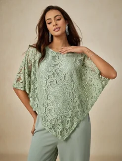 Outlet Women's Blouse Dressy Tops Plain Elegant Half Sleeve Crew Neck Regular Tops Wedding Guest Daily Lace Patchwork Layered Summer Spring Women Chiffon Dresses