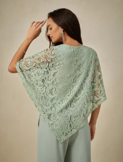 Outlet Women's Blouse Dressy Tops Plain Elegant Half Sleeve Crew Neck Regular Tops Wedding Guest Daily Lace Patchwork Layered Summer Spring Women Chiffon Dresses