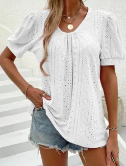 Best Women's Blouse Elegant Bohemia Short Sleeve Crew Neck Vacation Daily Going out Knotted White Pink Army Green Green Summer Women Lace Tops