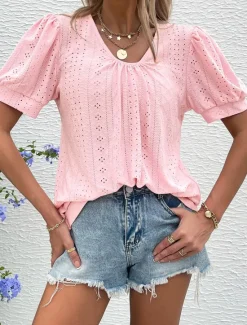 Best Women's Blouse Elegant Bohemia Short Sleeve Crew Neck Vacation Daily Going out Knotted White Pink Army Green Green Summer Women Lace Tops