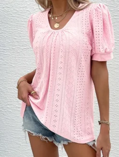 Best Women's Blouse Elegant Bohemia Short Sleeve Crew Neck Vacation Daily Going out Knotted White Pink Army Green Green Summer Women Lace Tops