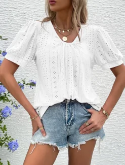 Best Women's Blouse Elegant Bohemia Short Sleeve Crew Neck Vacation Daily Going out Knotted White Pink Army Green Green Summer Women Lace Tops