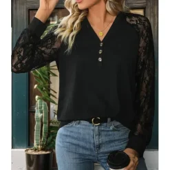 New Women's Blouse Elegant Stylish Modern Lace Long Sleeve V Neck Work Daily Spring Fall Women Lace Tops
