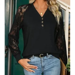 New Women's Blouse Elegant Stylish Modern Lace Long Sleeve V Neck Work Daily Spring Fall Women Lace Tops