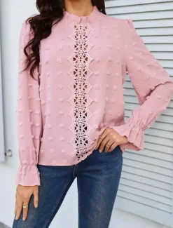 Women's Blouse Elegant Stylish Solid Color Ruffle Patchwork Bell Sleeve Long Sleeve High Neck Vacation Spring Fall Women Blouses & Shirts|T-Shirts