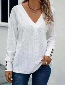 Sale Women's Blouse Elegant Stylish Modern Hollow Out Long Sleeve Regular Tops V Neck Work Daily Black White Pink Brown Spring Fall Winter Women Lace Tops
