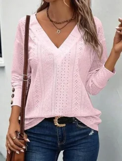 Sale Women's Blouse Elegant Stylish Modern Hollow Out Long Sleeve Regular Tops V Neck Work Daily Black White Pink Brown Spring Fall Winter Women Lace Tops