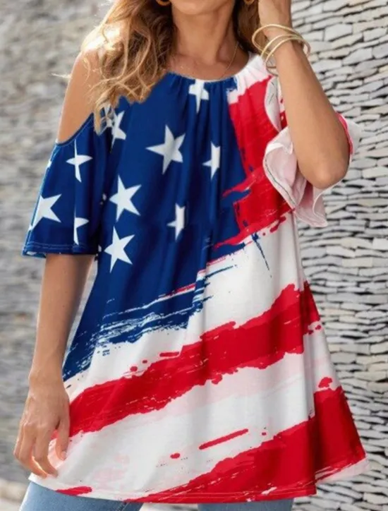 Clearance Women's Blouse Flag Vintage Tropical Casual 3/4 Length Sleeve Crew Neck Regular Tops Daily Print Black Blue Purple Summer Women Independence Day Top