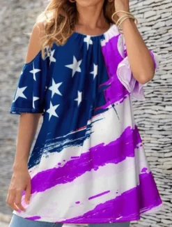 Clearance Women's Blouse Flag Vintage Tropical Casual 3/4 Length Sleeve Crew Neck Regular Tops Daily Print Black Blue Purple Summer Women Independence Day Top