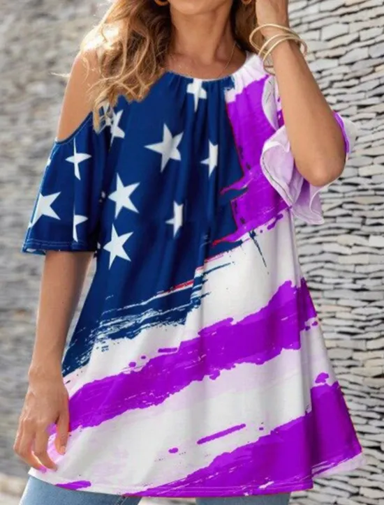 Clearance Women's Blouse Flag Vintage Tropical Casual 3/4 Length Sleeve Crew Neck Regular Tops Daily Print Black Blue Purple Summer Women Independence Day Top