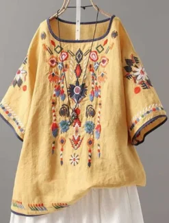 Online Women's Blouse Floral Bohemia Basic Casual Half Sleeve Crew Neck Regular Tops Daily Embroidered White Yellow Red Summer Women Shirts