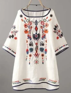 Online Women's Blouse Floral Bohemia Basic Casual Half Sleeve Crew Neck Regular Tops Daily Embroidered White Yellow Red Summer Women Shirts