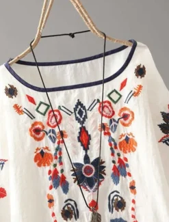 Online Women's Blouse Floral Bohemia Basic Casual Half Sleeve Crew Neck Regular Tops Daily Embroidered White Yellow Red Summer Women Shirts