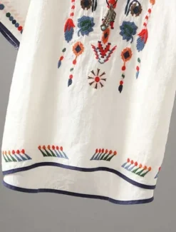 Online Women's Blouse Floral Bohemia Basic Casual Half Sleeve Crew Neck Regular Tops Daily Embroidered White Yellow Red Summer Women Shirts
