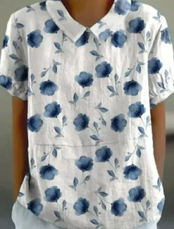 Clearance Women's Blouse Floral Elegant Daily Stylish Short Sleeve Shirt Collar Regular Tops Work Daily Holiday White Pink Blue Green Summer Women Blouses & Shirts