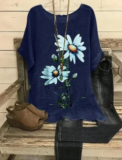 Women's Blouse Floral Graphic Bohemia Vintage Ethnic Half Sleeve Crew Neck Boat Neck Regular Tops Daily Holiday Going out Print Yellow Navy Blue Blue Summer Spring Women Shirts