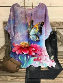 Women's Blouse Floral Graphic Bohemia Vintage Tropical Half Sleeve Crew Neck Boat Neck Regular Tops Daily Holiday Going out Print Black Purple Khaki Summer Spring Women Blouses & Shirts