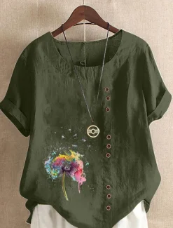 Online Women's Blouse Floral Graphic Stylish Casual Short Sleeve Crew Neck Regular Tops Daily Going out Buttons Print White Pink Purple Brown Green Summer Spring Women Shirts