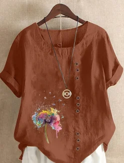 Online Women's Blouse Floral Graphic Stylish Casual Short Sleeve Crew Neck Regular Tops Daily Going out Buttons Print White Pink Purple Brown Green Summer Spring Women Shirts