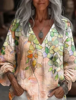 New Women's Blouse Floral Graphic Plants Stylish Casual Long Sleeve 3/4 Length Sleeve V Neck Regular Tops Daily Blue Purple Orange Green Summer Spring Women T-Shirts