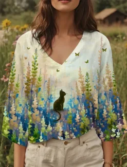 Online Women's Blouse Floral Graphic Cat Stylish Casual 3/4 Length Sleeve V Neck Regular Tops Daily Yellow Blue Purple Summer Spring Women Blouses & Shirts