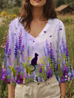 Online Women's Blouse Floral Graphic Cat Stylish Casual 3/4 Length Sleeve V Neck Regular Tops Daily Yellow Blue Purple Summer Spring Women Blouses & Shirts