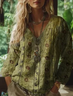 Online Women's Blouse Floral Graphic Paisley Bohemia Vintage Tropical 3/4 Length Sleeve V Neck Regular Tops Ruched Print Purple Green Summer Spring Women Blouses & Shirts