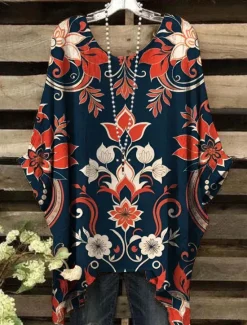 Best Women's Blouse Floral Graphic Elegant Vintage Daily Short Sleeve Batwing Sleeve Crew Neck Regular Tops Daily Holiday Beach Wear Yellow Red Blue Purple Green Summer Spring Women Blouses & Shirts