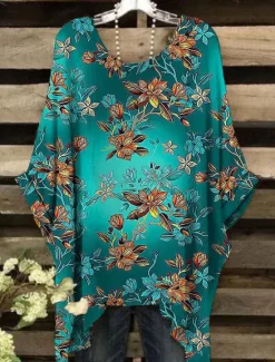 Best Women's Blouse Floral Graphic Elegant Vintage Daily Short Sleeve Batwing Sleeve Crew Neck Regular Tops Daily Holiday Beach Wear Yellow Red Blue Purple Green Summer Spring Women Blouses & Shirts