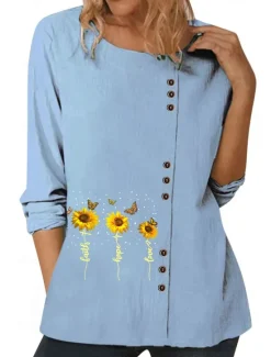 New Women's Blouse Floral Graphic Plants Elegant Vintage Fashion Long Sleeve Crew Neck Regular Tops Daily Going out Weekend White Blue Dark Blue Fall Women Shirts