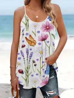 Clearance Women's Blouse Floral Graphic Bohemia Vintage Tropical Sleeveless Strap Regular Tops Daily Print Backless White Pink Purple Summer Spring Women Tank Tops & Camis