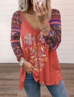 Hot Women's Blouse Floral Stylish Casual Long Sleeve V Neck Regular Tops Daily Print Red Blue Sky Blue Purple Summer Spring Women Blouses & Shirts