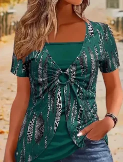 Discount Women's Blouse Geometric Fashion Stylish Modern Short Sleeve Crew Neck Regular Tops Daily Weekend Patchwork Print Black Wine Blue Brown Green Summer Women T-Shirts