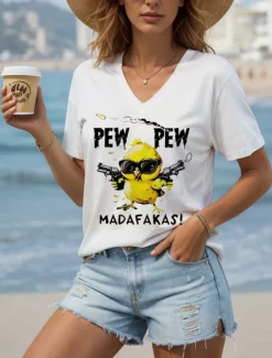 Outlet Women's Blouse Graphic Animal Cartoon Casual Short Sleeve V Neck Regular Tops Daily Going out Beach Wear Print Black White Summer Women T-Shirts