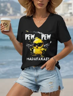 Outlet Women's Blouse Graphic Animal Cartoon Casual Short Sleeve V Neck Regular Tops Daily Going out Beach Wear Print Black White Summer Women T-Shirts