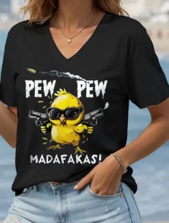 Outlet Women's Blouse Graphic Animal Cartoon Casual Short Sleeve V Neck Regular Tops Daily Going out Beach Wear Print Black White Summer Women T-Shirts