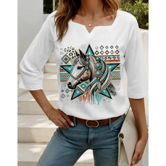 Best Women's Blouse Graphic Animal Elegant Bohemia 3/4 Length Sleeve Notched Neck Regular Tops Daily Linen Like Going out Print Summer Women Shirts